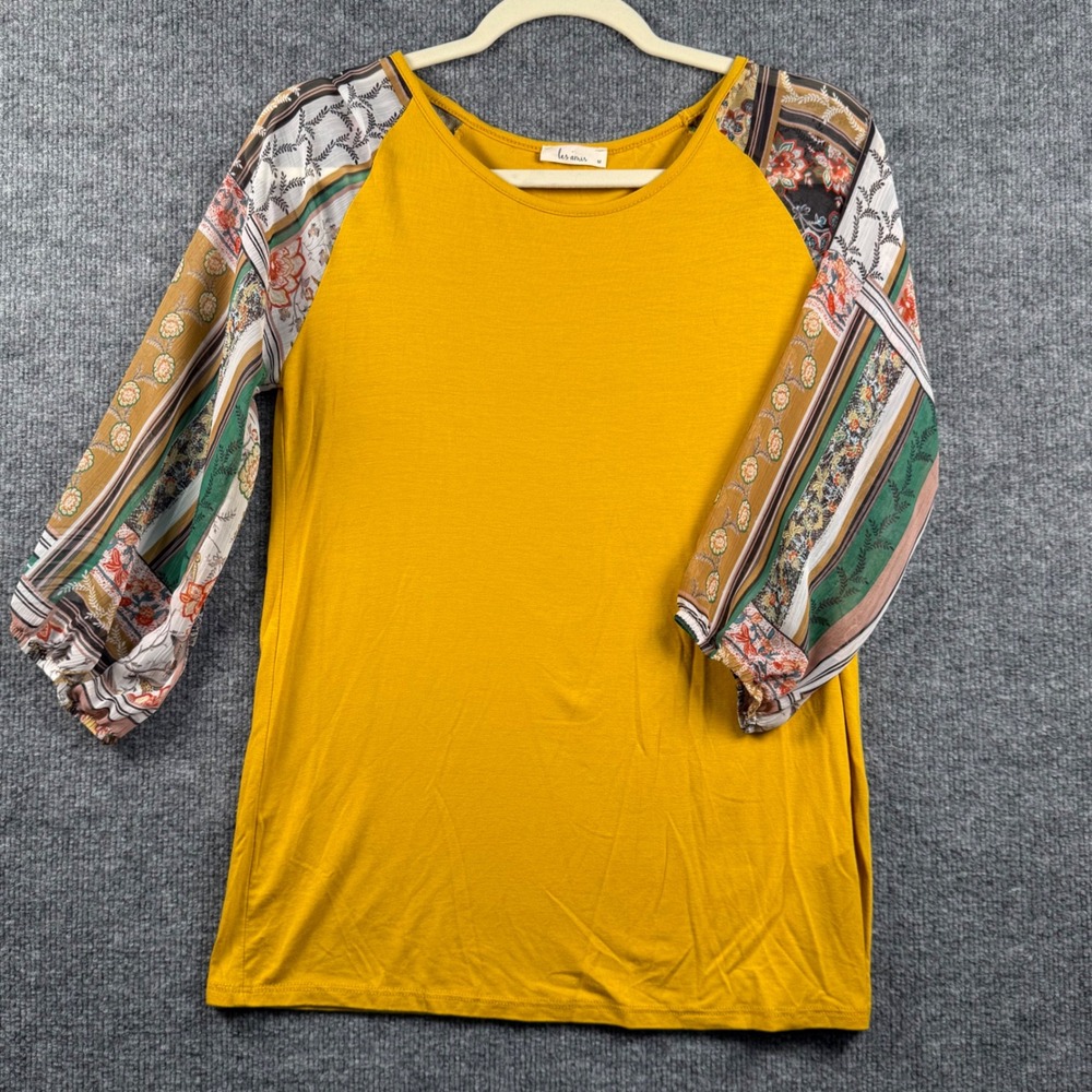 Les Amis Medium Mustard Yellow Mixed Print Sheer Raglan Sleeve Top Made in USA